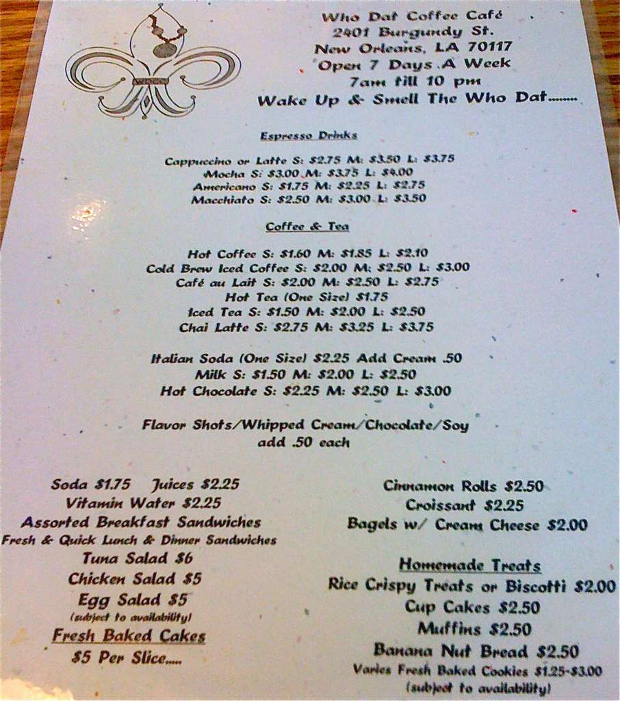 Who Dat Coffee Cafe Menu, Menu for Who Dat Coffee Cafe, Marigny, New