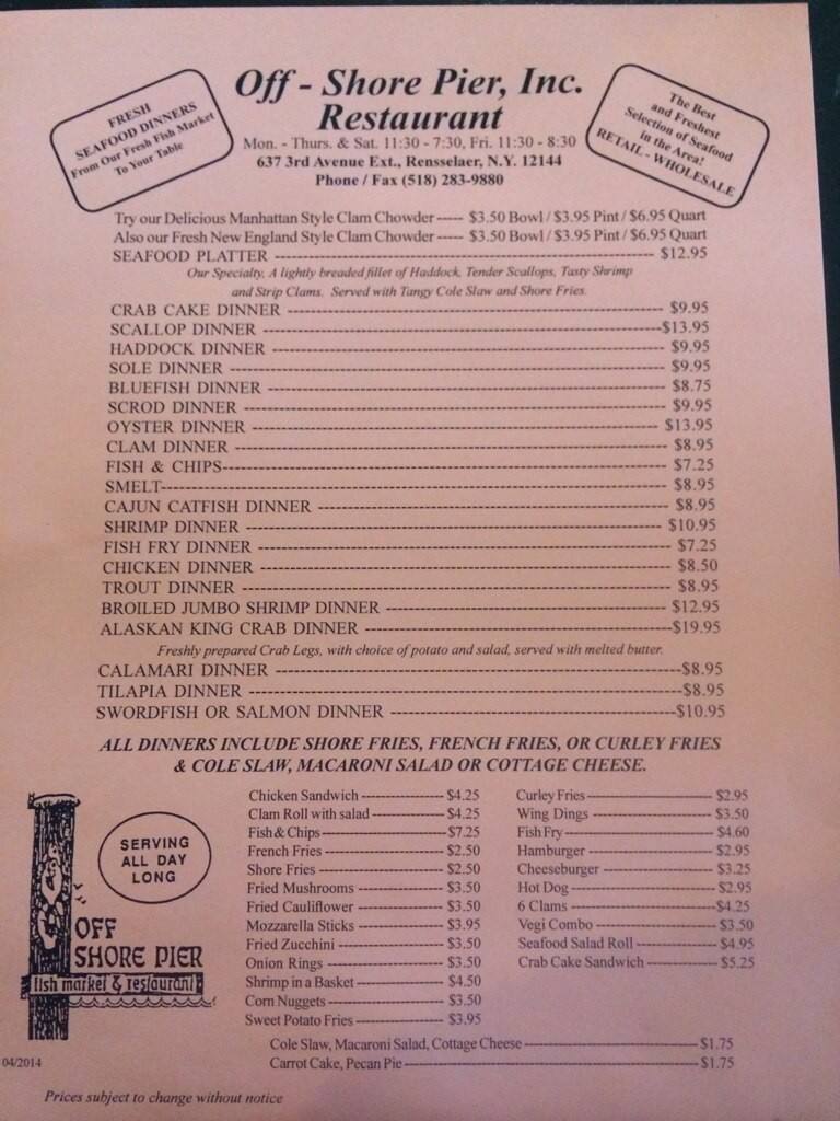 Menu at Off Shore Pier restaurant, Rensselaer