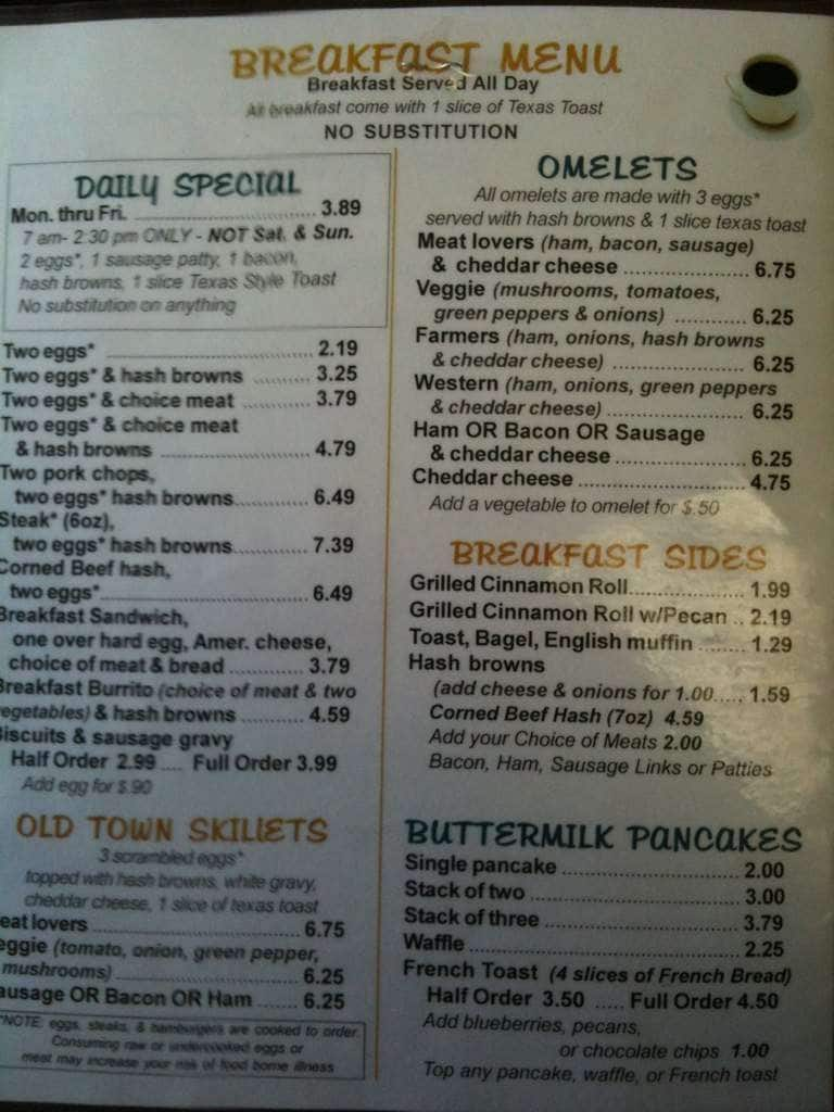 Menu at Old Town Diner cafe, Lansing