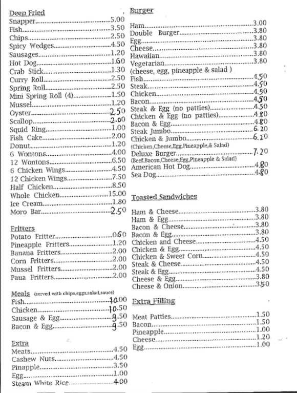 Menu at Barrack Takeaway, Auckland