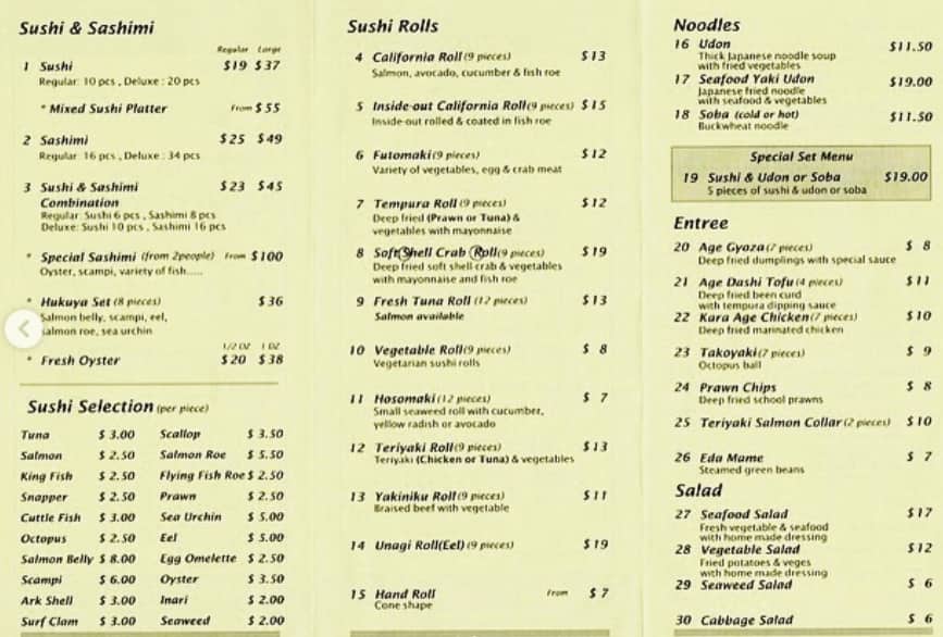 Menu at Hukuya Sushi Bar Eastwood, Eastwood