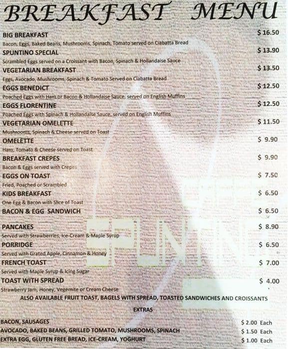 Spuntino Menu, Menu for Spuntino, Port Melbourne, Melbourne