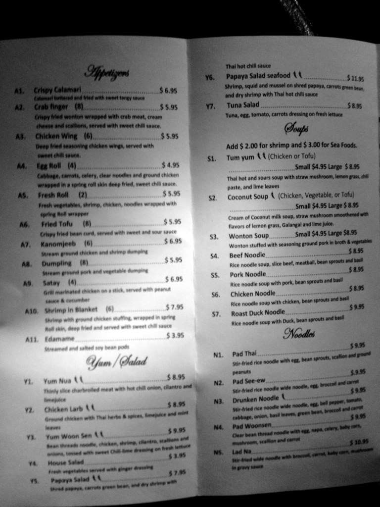 Menu at Pad Thai restaurant, Durham