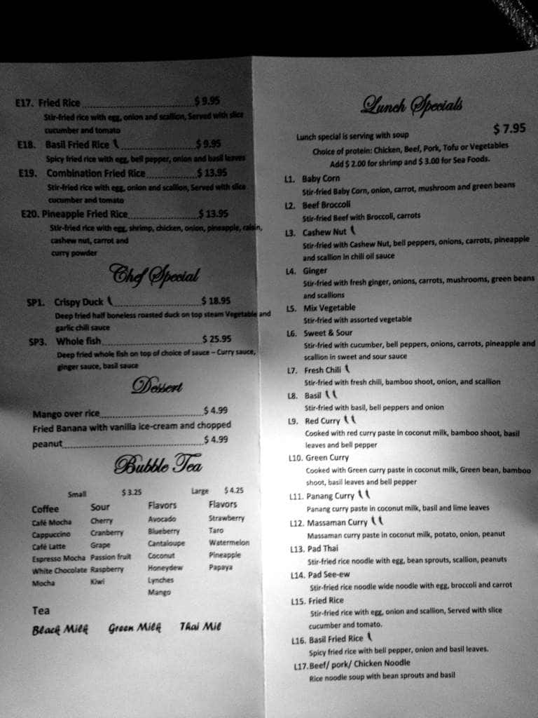 Menu at Pad Thai restaurant, Durham