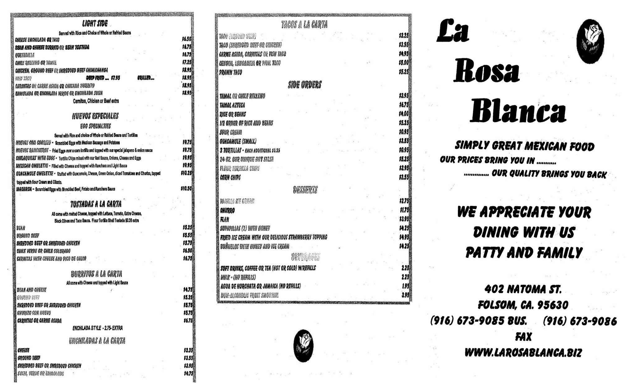 La Rosa Blanca Menu, Menu for La Rosa Blanca, Folsom, Sacramento