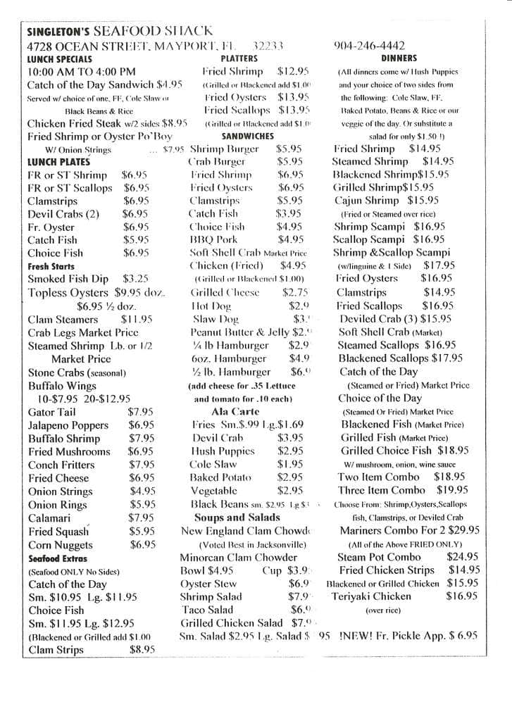 Carta del pub y bar Singleton's Seafood Shack, Jacksonville