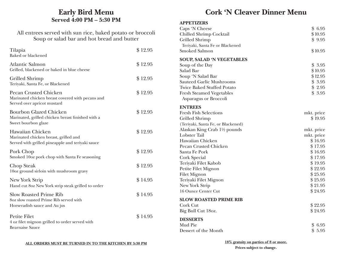 Menu at Cork 'N Cleaver steakhouse, Evansville