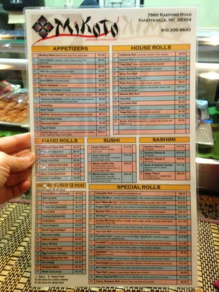 Mikoto Steakhouse Menu, Menu for Mikoto Steakhouse, Fayetteville