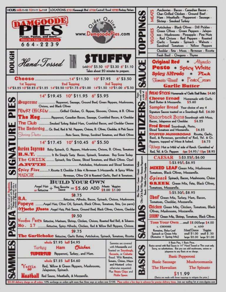 Damgoode Pies Menu, Menu for Damgoode Pies, Little Rock, Little Rock