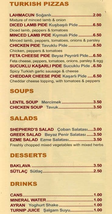 Menu at Efes restaurant, London, 1 Whitechapel Road