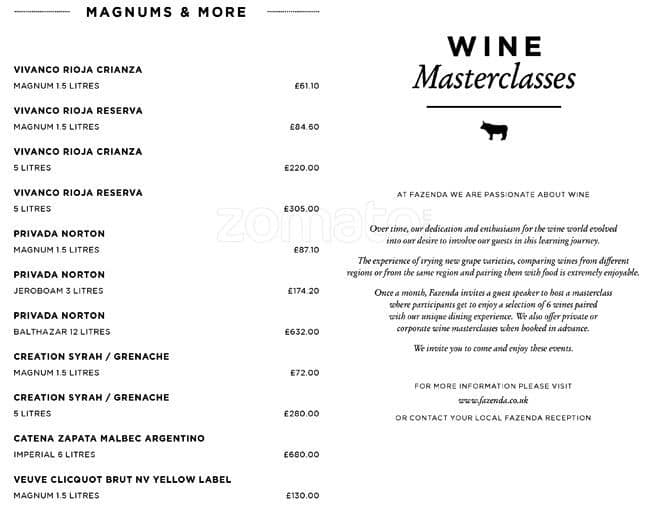 Menu at Fazenda steakhouse, Manchester