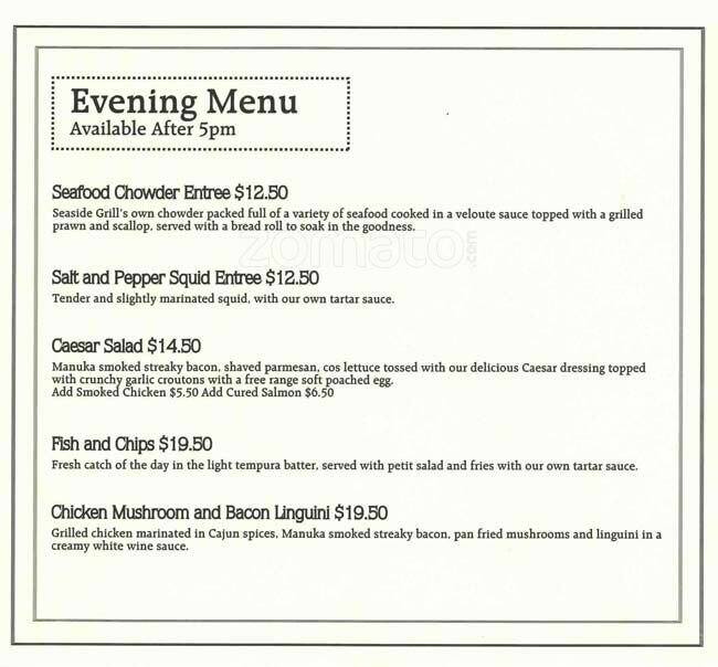 Menu at Seaside Grill cafe, Auckland, 268 Hibiscus Coast Highway