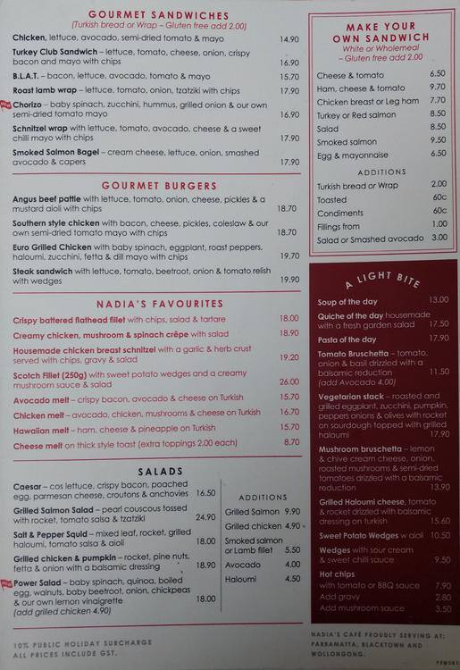 Menu at Nadia's Cafe Penrith, Penrith