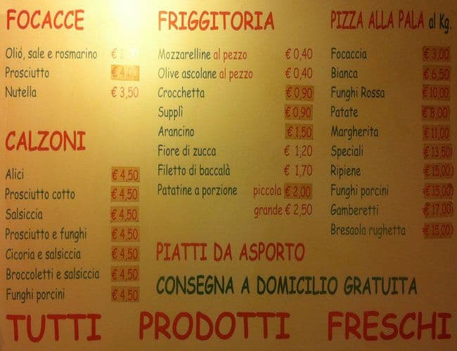 Menu di Pizzeria Rosticceria Via Pescaglia 