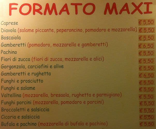 Menu di Pizzeria Rosticceria Via Pescaglia 
