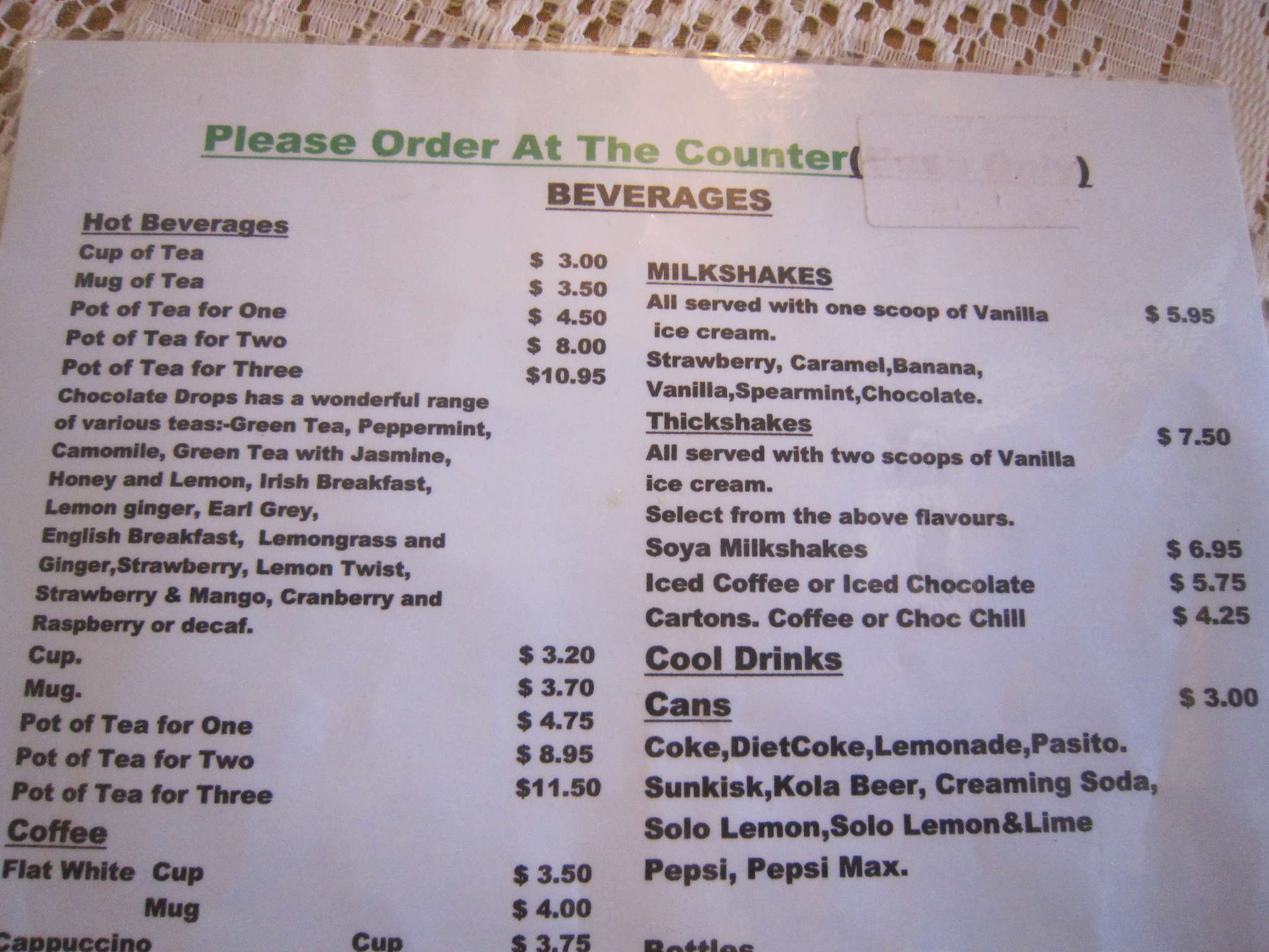 Chocolate Drops Tearooms Menu, Menu for Chocolate Drops Tearooms