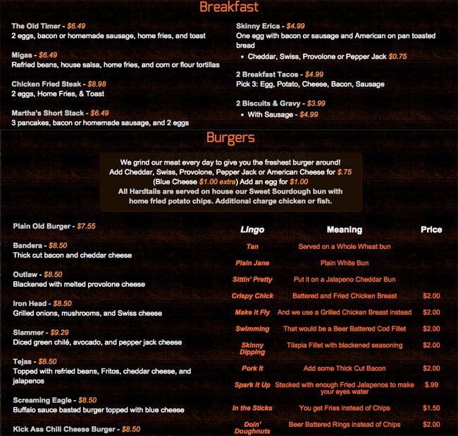 Menu at Hardtails pub & bar,