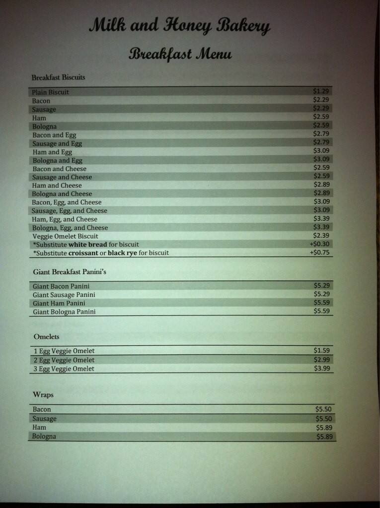 Milk and Honey Bakery Menu, Menu for Milk and Honey Bakery, Bowling