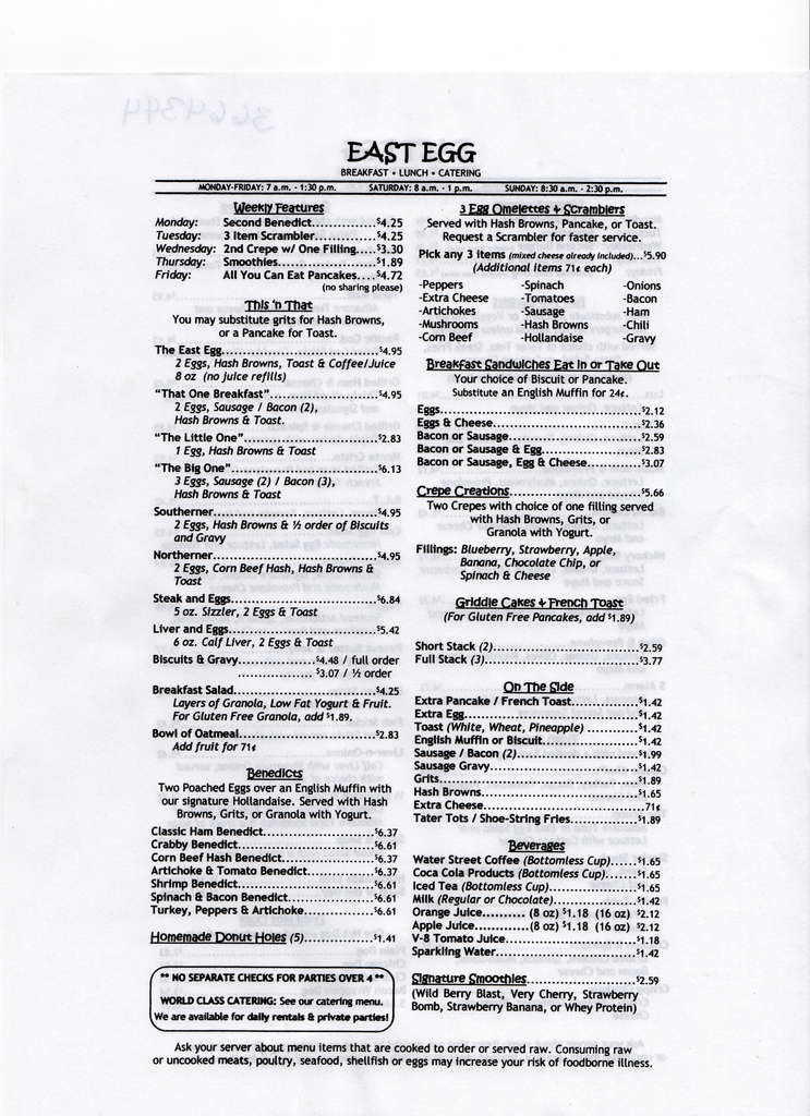 East Egg Menu, Menu untuk East Egg, Portage, Kalamazoo Urbanspoon/Zomato