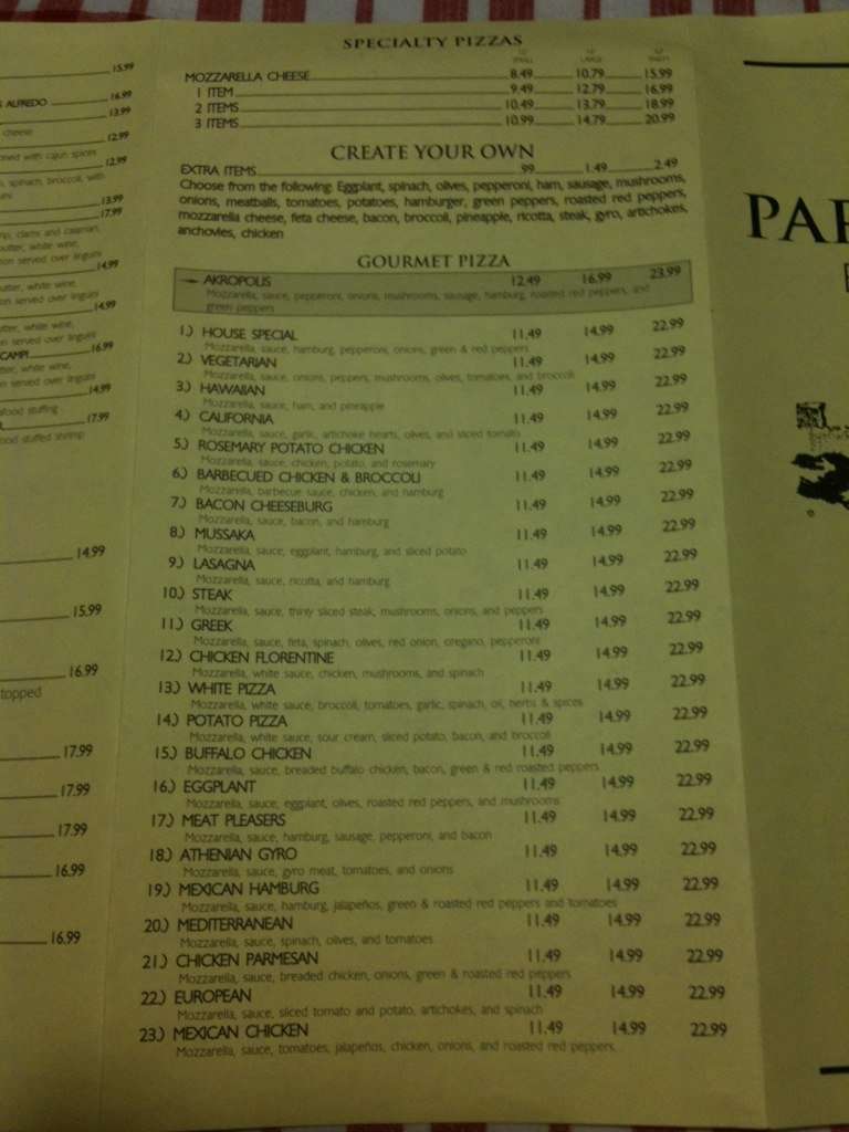 Menu at Parthenon Restaurant, South Hadley