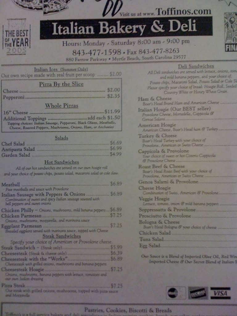Toffino's Italian BakeryDeliPizza a Myrtle Beach Foto del Menu con