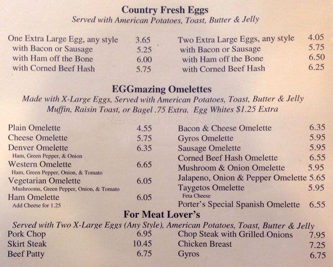 Menu at Porters Grille & Fountain restaurant, Des Plaines