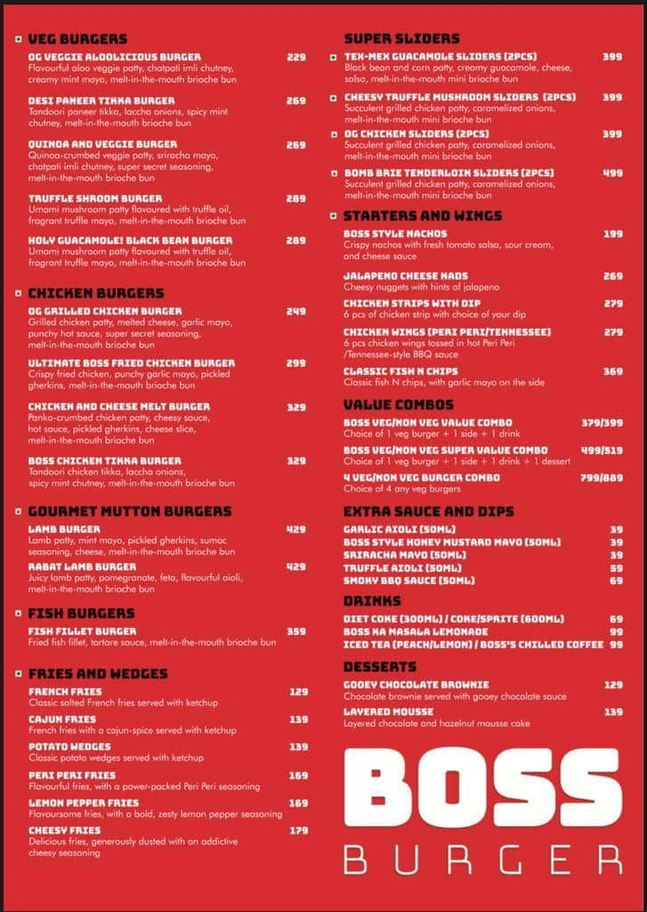 Menu of Boss Burger, Park Street Area, Kolkata