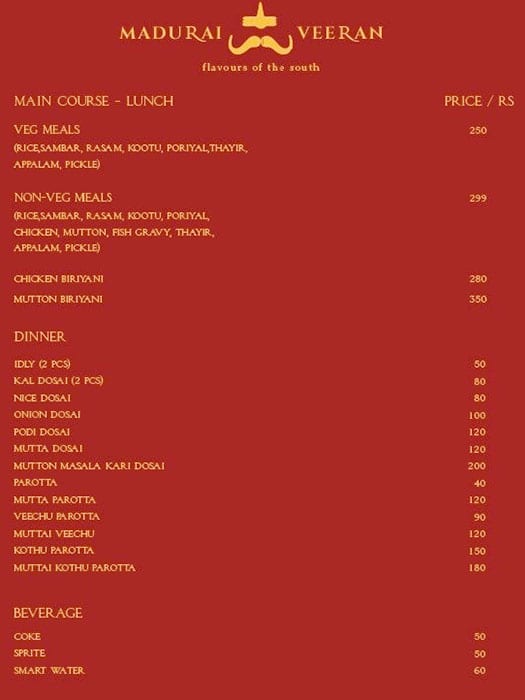 Menu of Madurai Veeran, Nandanam, Chennai