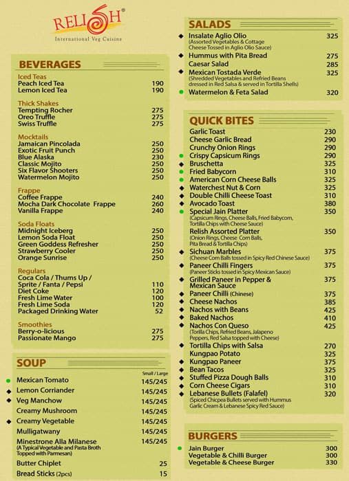 Relish International Veg Cuisine menu