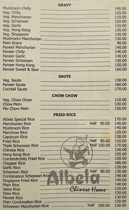 Albela Chinese Home menu