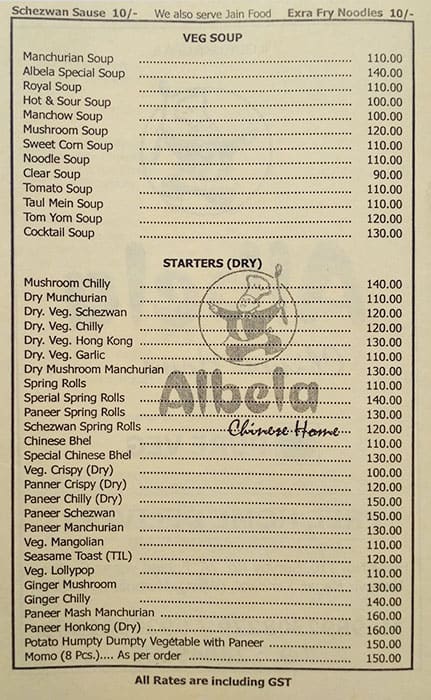 Albela Chinese Home menu