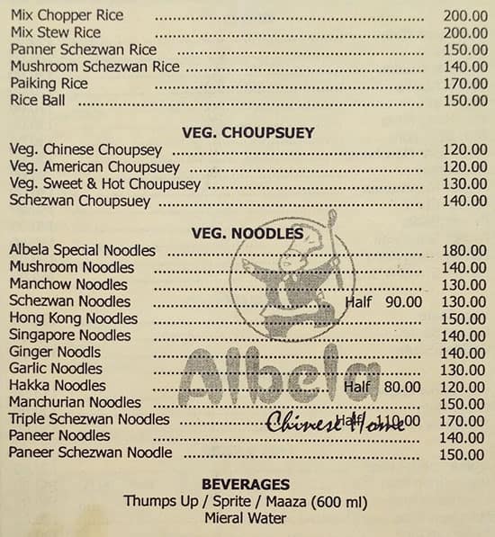 Albela Chinese Home menu