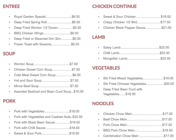Royal Garden Chinese Restaurant & Takeaway 帝苑 Menu - Menumania/Zomato