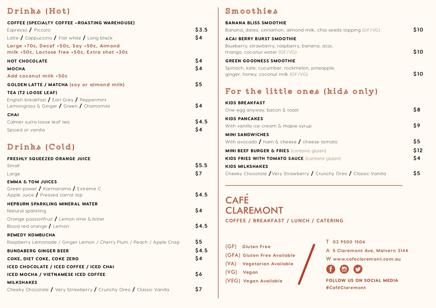 Menu at Cafe Claremont, Malvern