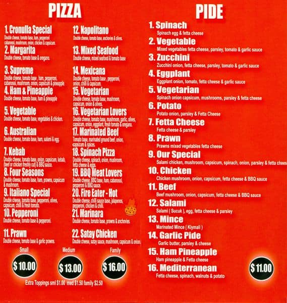 Menu At Cronulla Pizza Pide And Kebab Pizzeria Cronulla Pide (countable and uncountable, plural pides). restaurant guru