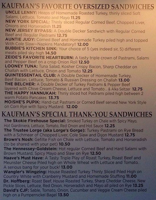 Menu at Kaufman's Bagel & Delicatessen restaurant, Skokie