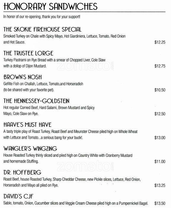 Menu at Kaufman's Bagel & Delicatessen restaurant, Skokie