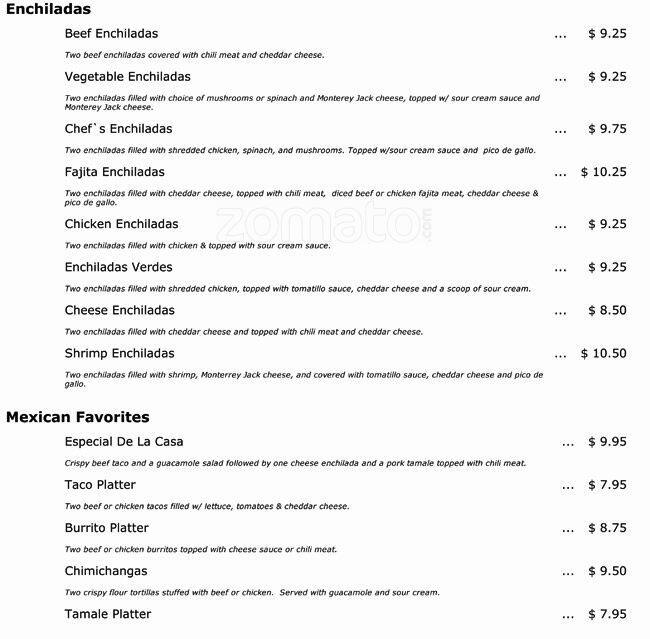 Menu at Mexico Real restaurant, Fort Worth