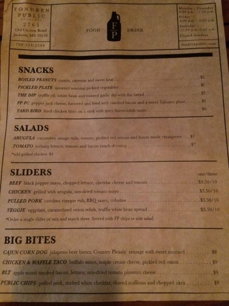 Menu at Fondren Public, Jackson