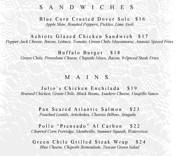 Menu at The Anasazi Restaurant & Bar, Santa Fe