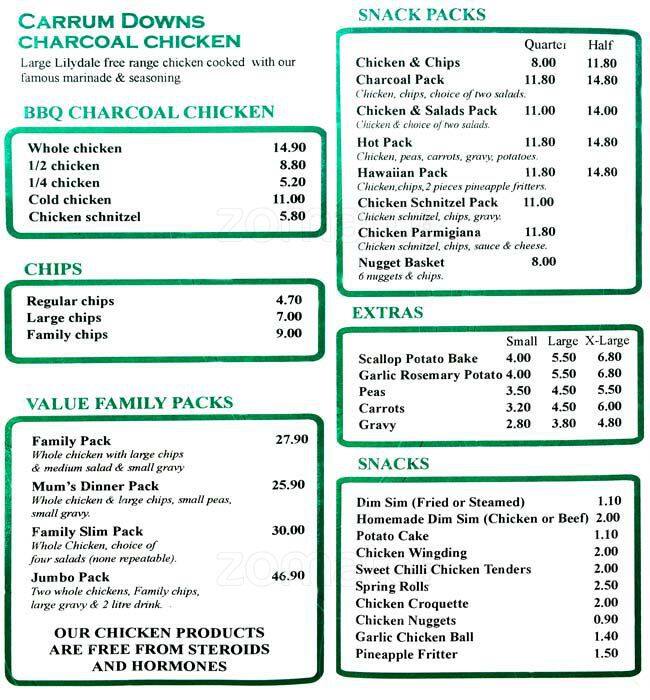 BBQ Charcoal Chicken Menu, Menu for BBQ Charcoal Chicken, Carrum Downs, Melbourne Urbanspoon