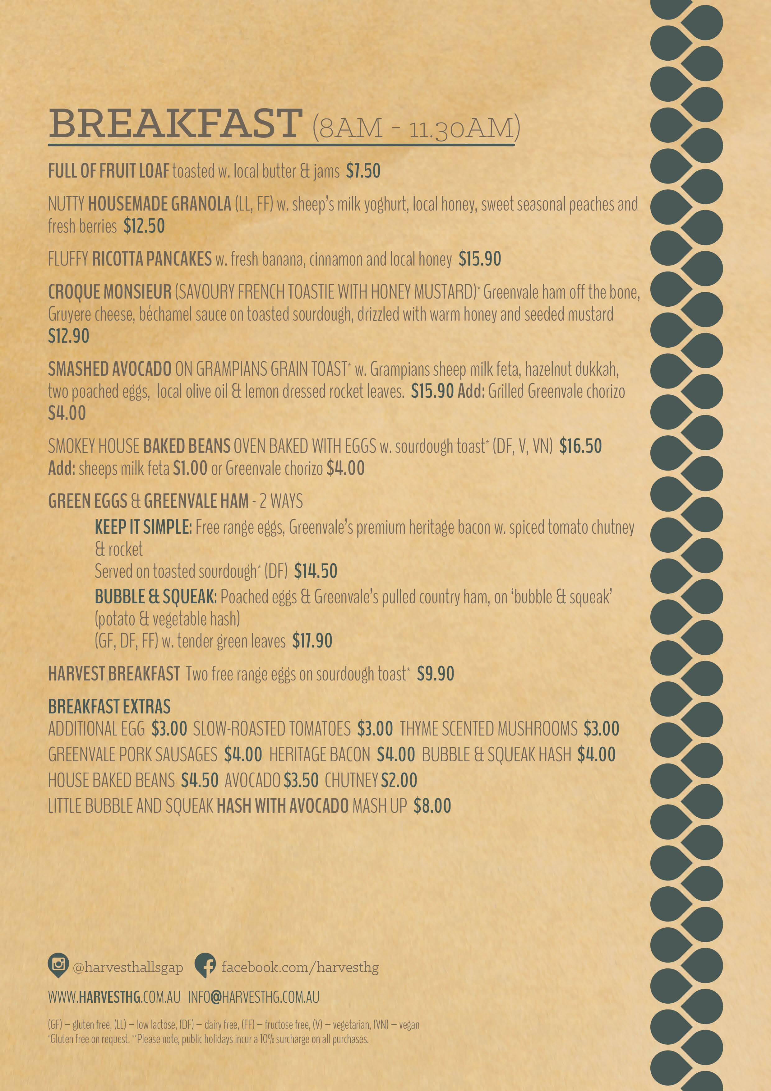 Menu at Harvest Halls Gap cafe, Halls Gap