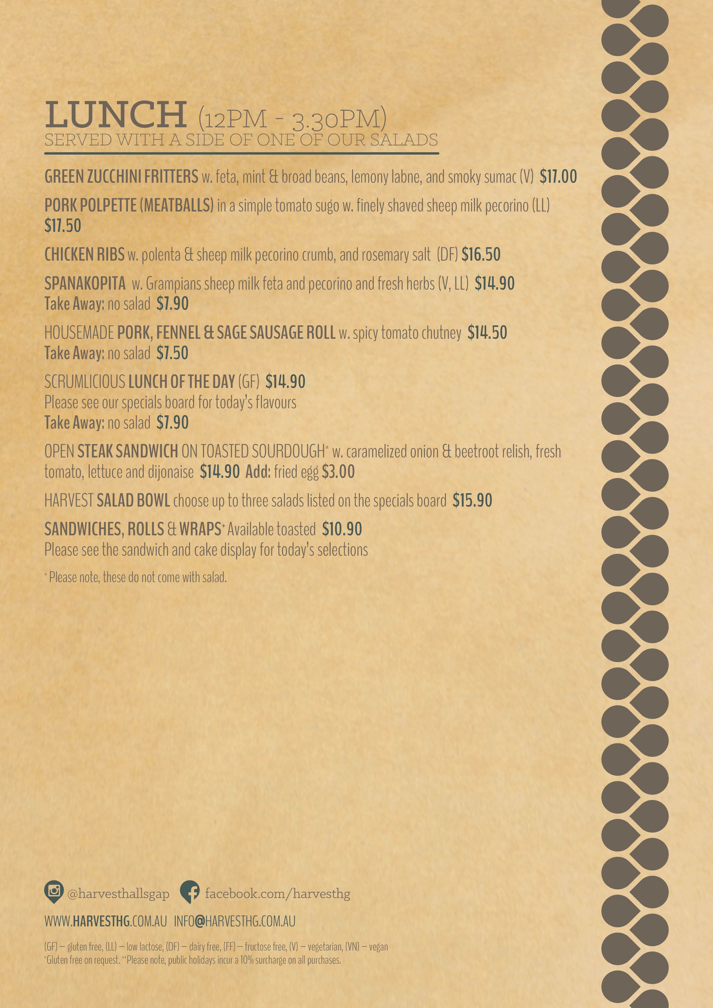 Menu at Harvest Halls Gap cafe, Halls Gap