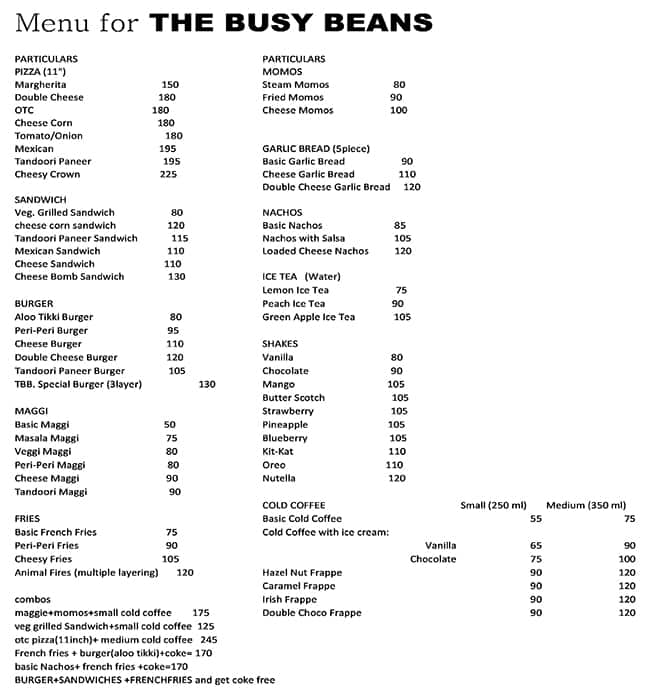 Menu at The busy beans, Jaipur