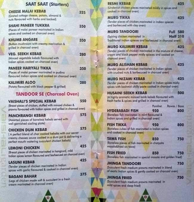 Menu Of Vaishali Garden Restaurant, Chembur, Mumbai