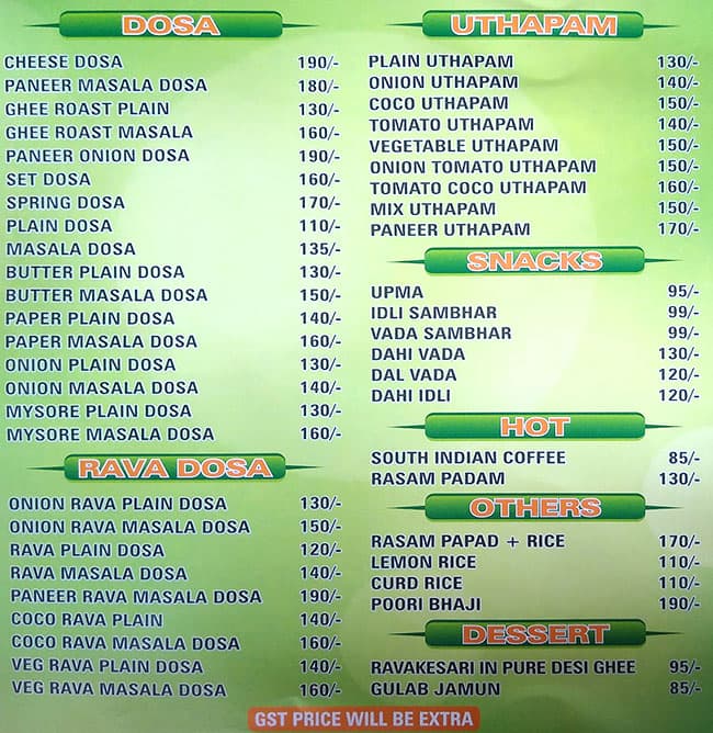Kutty's South Indian Cafe menu
