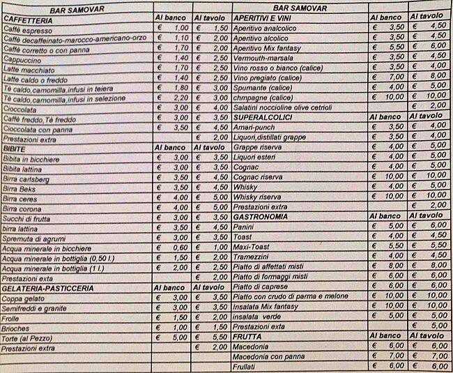 Menu di Bar Samovar 