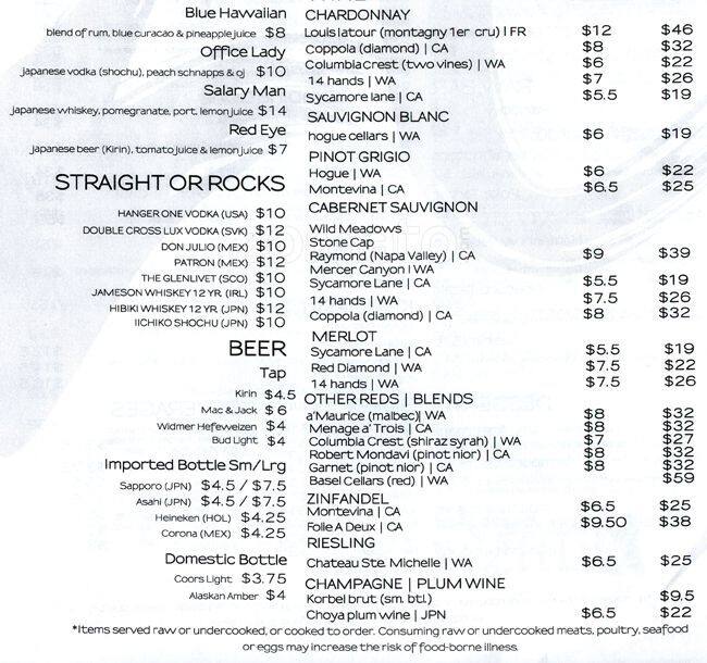 Menu at Mizu restaurant, Gig Harbor