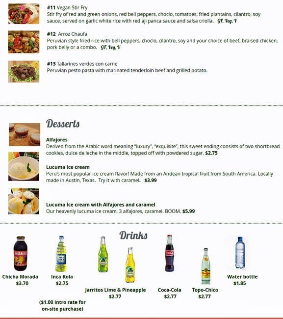 Llama's Peruvian Creole menu