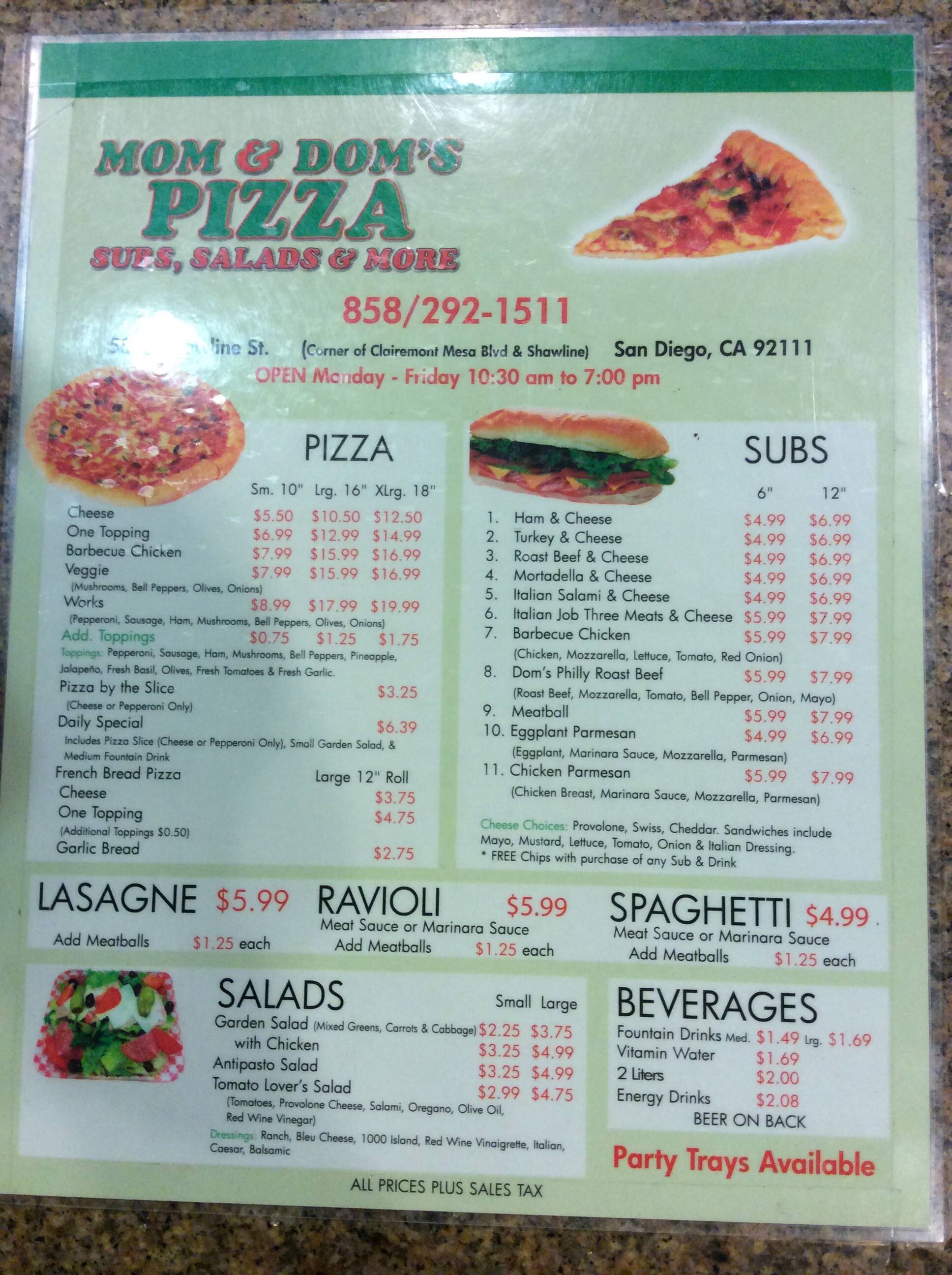 Menu at Mom & Dom's Pizza pizzeria, San Diego